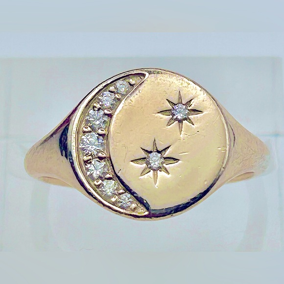 VINTAGE sz7 moon & star Celestial COIN SIGNET 925/ YG VERMEIL RING EUC! 3.55g - Picture 3 of 17